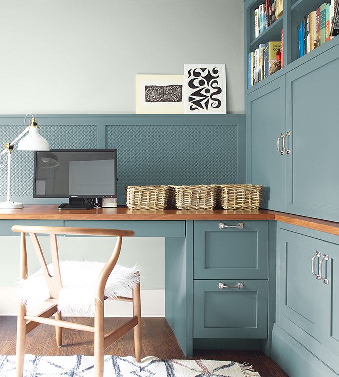 Aegean Teal home office cabinetry, Benjamin Moore