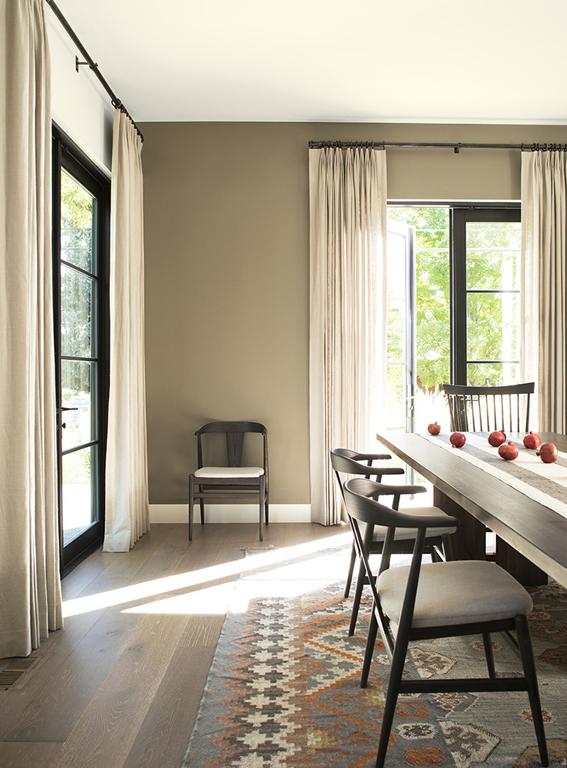 Dining Room with ceiling and left wall in BM Cloud White OC-130 wall and accent wall in BM Northampton Putty HC-89