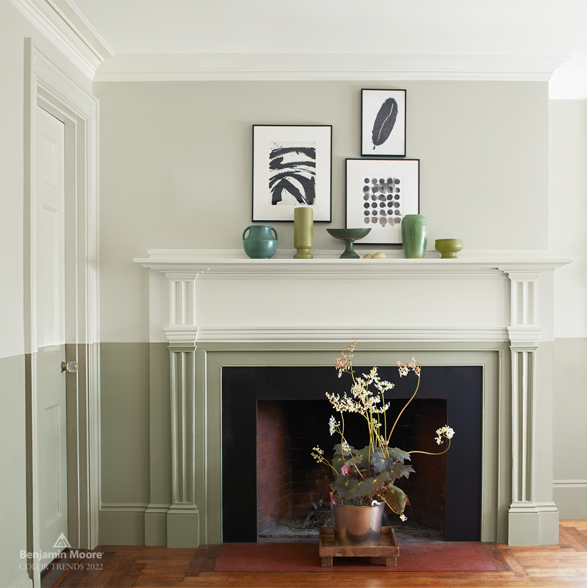 Fireplace with Benjamin Moore Morning Dew on top and October Mist Benjamin Moore on bottom