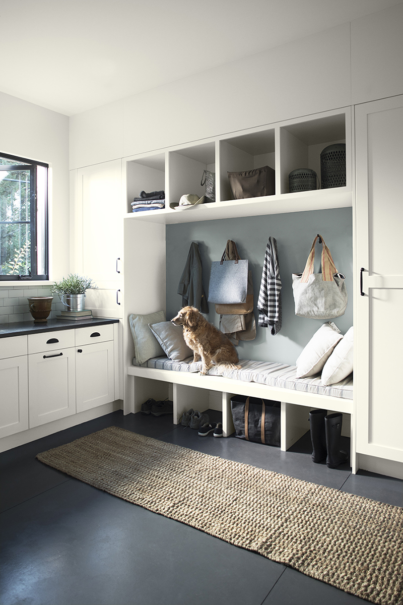 Mudroom with Benjamin Moore Cloud White walls and cabinets