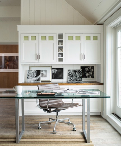 Wall and ceiling in an office painted in Benjamin Moore Ballet White OC-9 paired with cabinets painted in Benjamin Moore Simply White OC-117