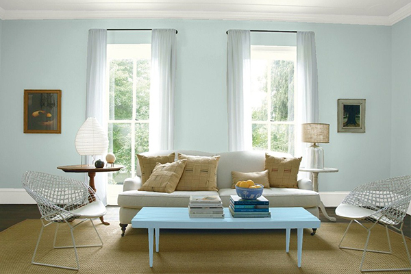 Benjamin Moore Woodlawn Blue walls with White Dove trim