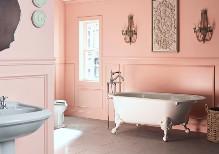 Benjamin Moore ADVANCE Satin wainscoting in Fruit Shake with AURA Bath & Spa walls