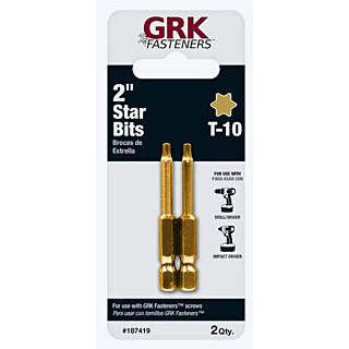 GRK Fasteners Star Drive Bit, T-10 Drive, 2 in., Yellow, 2 Pack