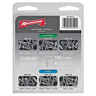 Arrow Rivet Assortment Pack, Aluminum/Steel, 120 Count