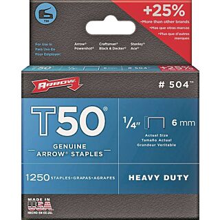 Arrow T50 Series 50424 Flat Crown Staple, 1/4 in L Leg