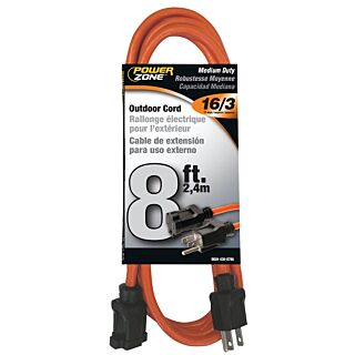 Powerzone OR501608 Extension Cord, 16 AWG, Orange Jacket, 8 ft L