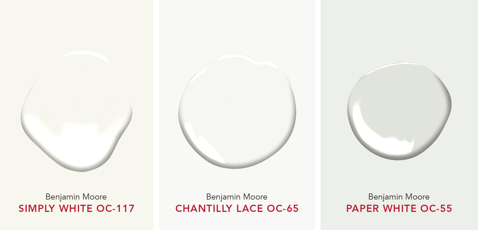 Benjamin Moore Ballet White vs. White Dove vs. Chantilly Lace