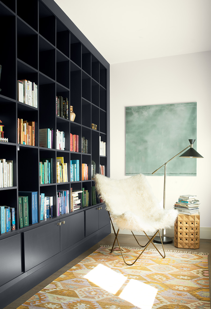 Study with Cloud White walls, Pale Oak OC-20 trim color, and Baby Seal Black 2119-30 bookshelves