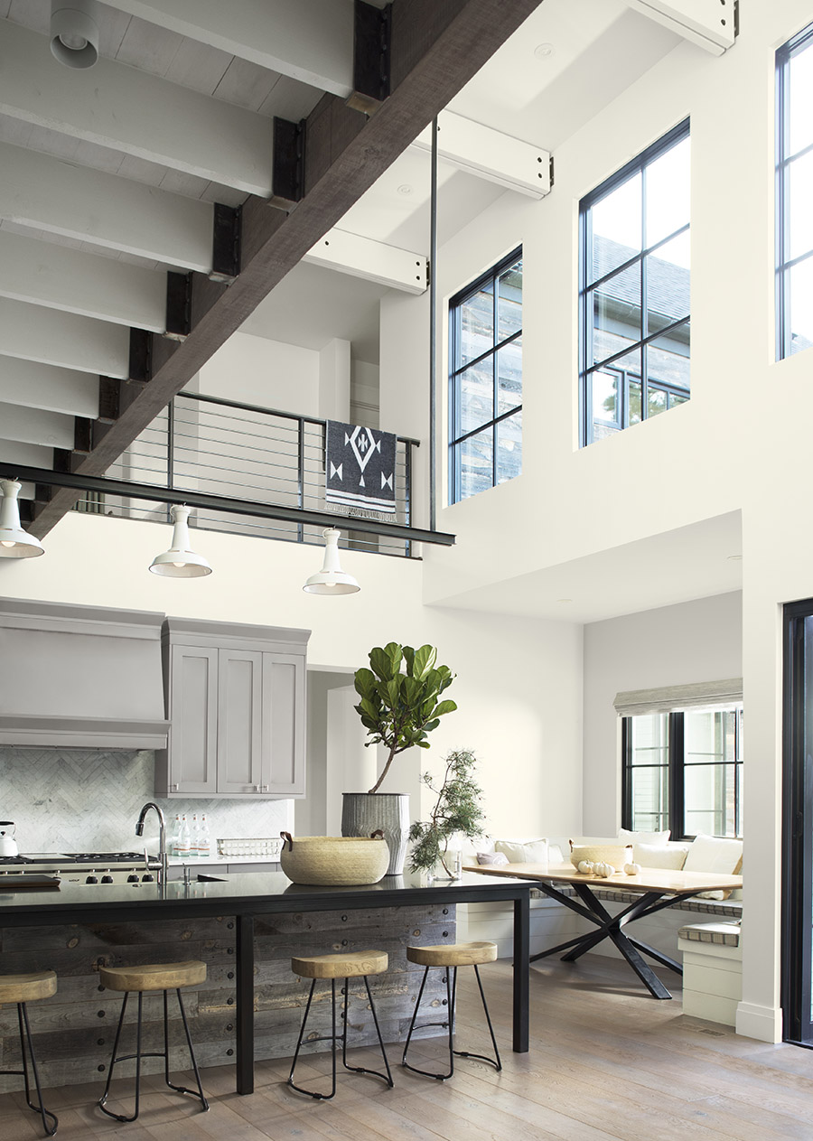 Kitchen in Benjamin Moore Cloud White with matching Cloud White trim