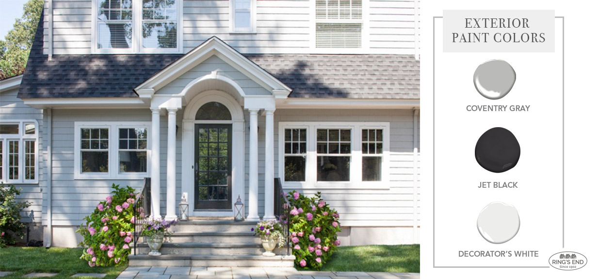 Home with siding in Coventry Gray; Front Door, Jet Black by Benjamin Moore