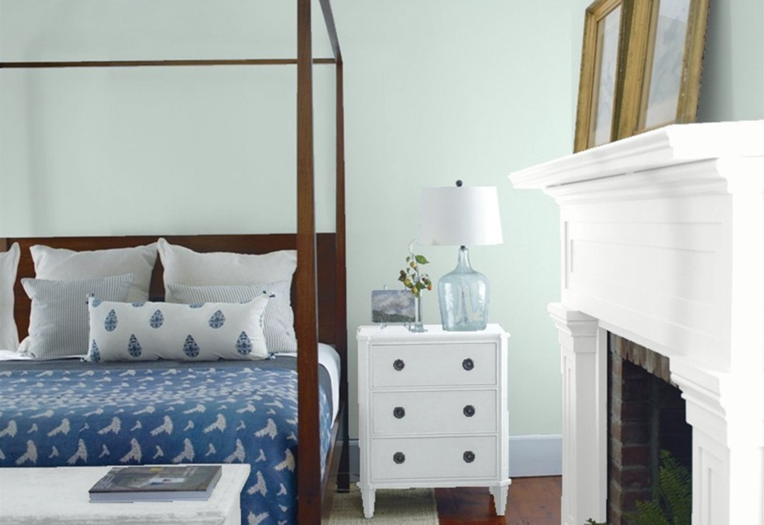 Bedroom in Benjamin Moore Palladian Blue HC-144 with bright white fireplace and accents