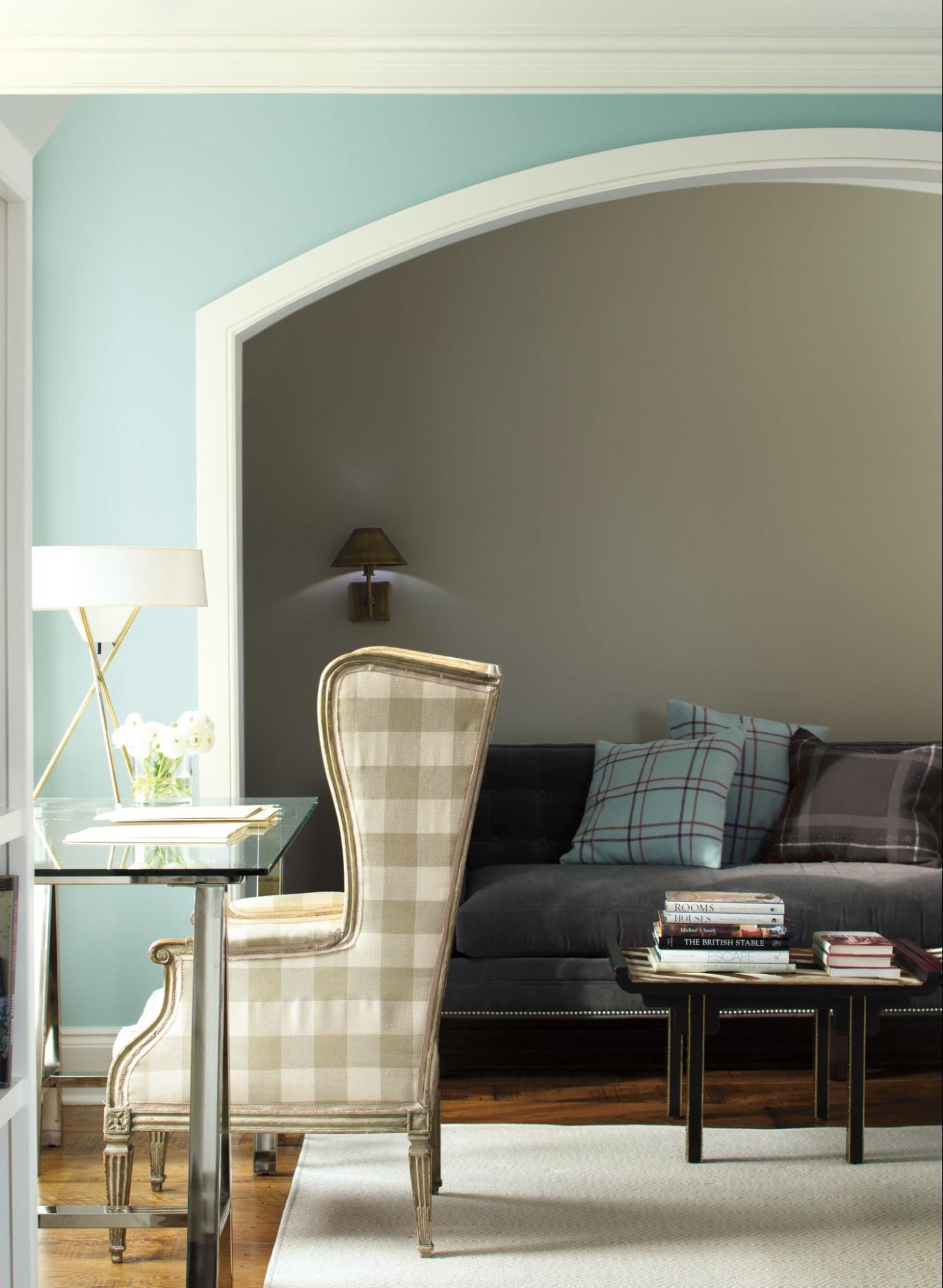 Benjamin Moore Palladian Blue HC-144 walls accented with warm white paint trim and nook