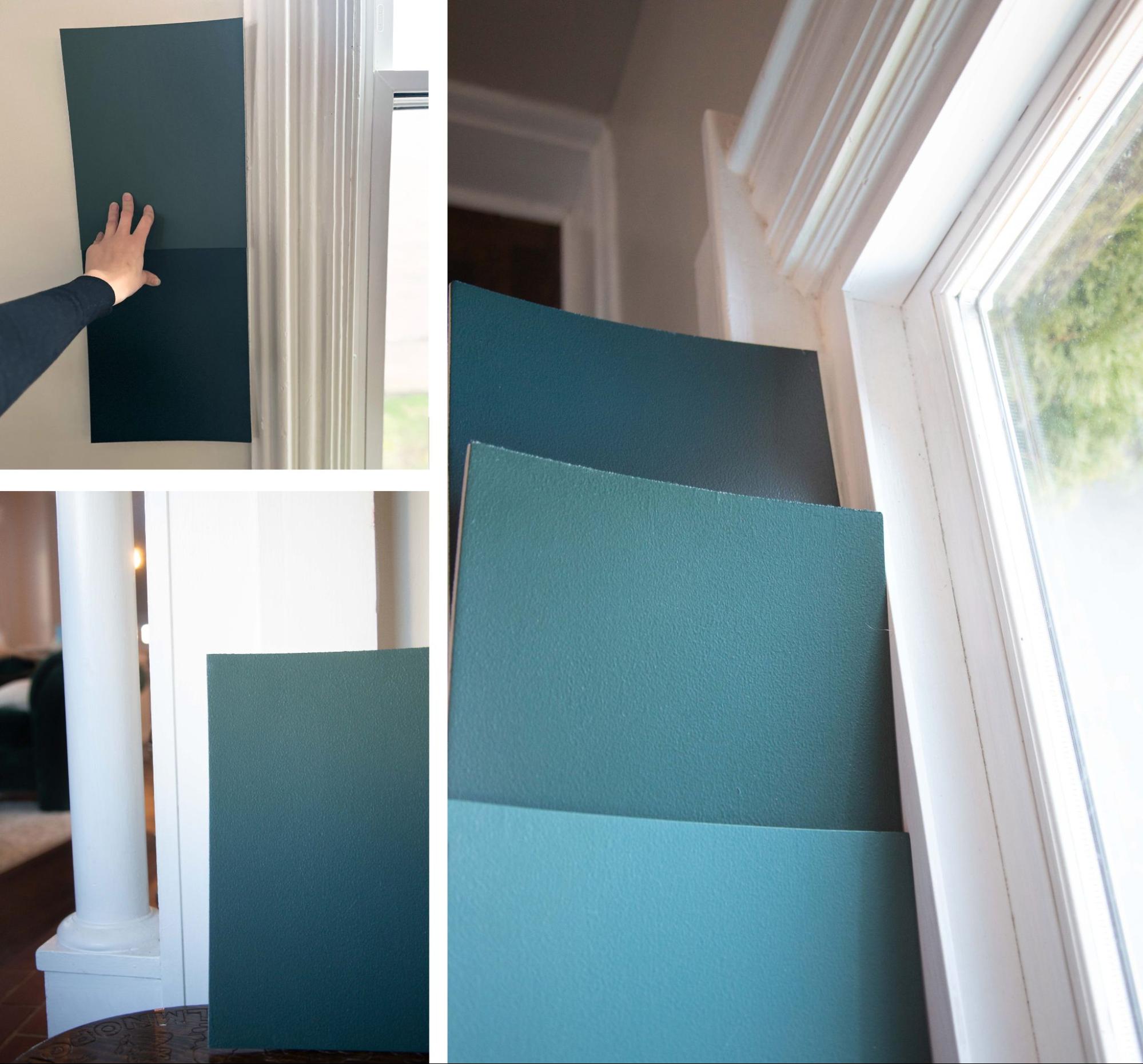 Paint sample boards against trim and different walls in the house