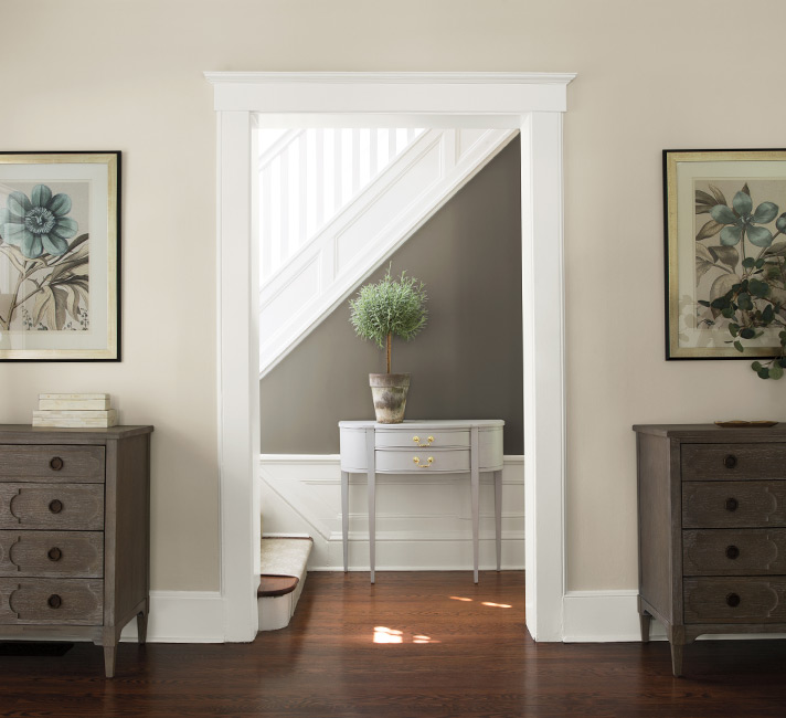 BM Decorator’s White trim with Revere Pewter walls in main room