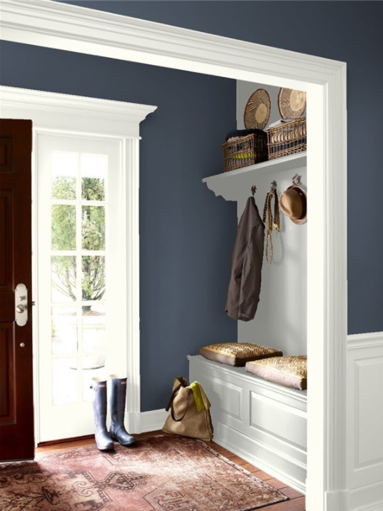 Benjamin Moore Hale Navy HC-154 in a hallway with white accents.