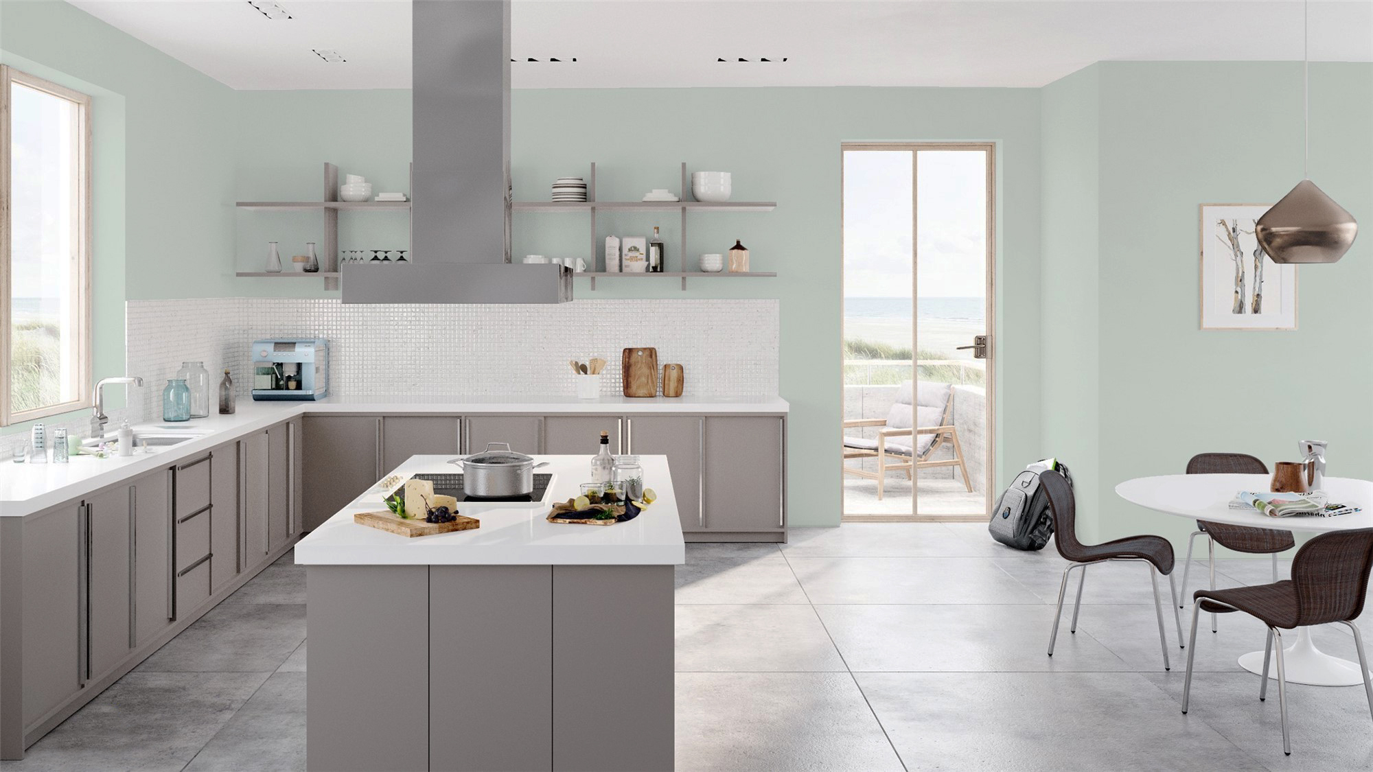 In a bright, open kitchen with lots of natural light, Quiet Moments can bring a cool, crisp coastal feel inside. Warmer and more saturated than a neutral gray, it's a gorgeous backdrop to liven up a modern space.