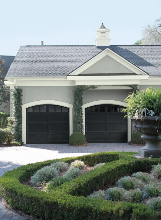 Benjamin Moore Wrought Iron 2124-10 on garage doors.