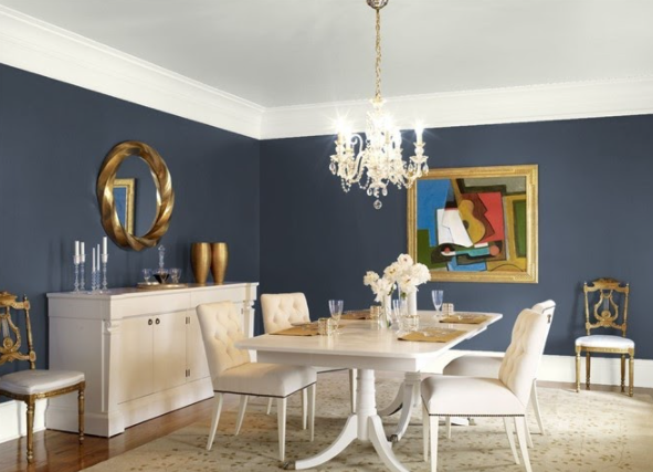 Benjamin Moore Hale Navy HC-154 in a dining room with white and gold accents.