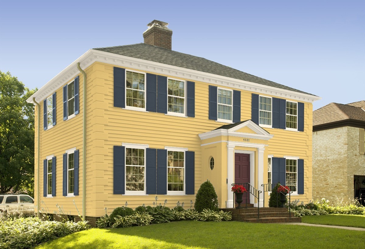 Benjamin Moore Hale Navy shutters, Marblehead Gold siding, Edgecomb Gray trim