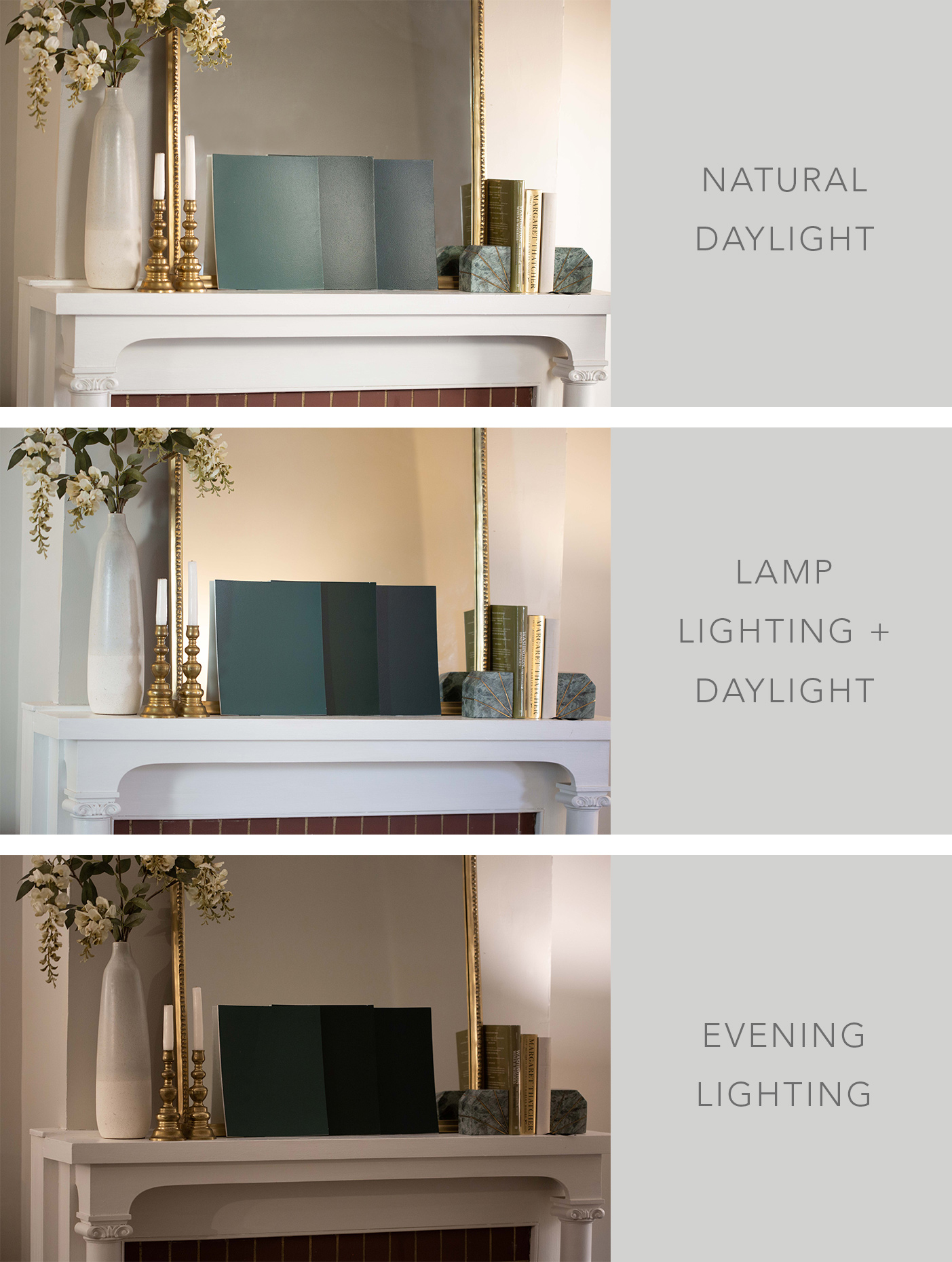 Examples showing paint sample boards in different types of lighting