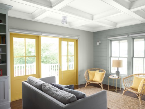 Benjamin Moore Metropolitan gray and yellow living room