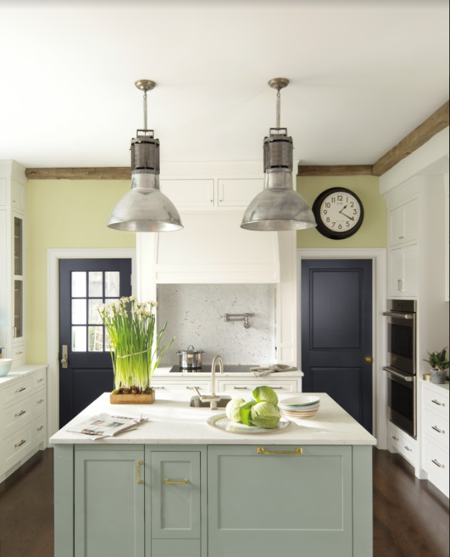 Benjamin Moore Hale Navy HC-154 doors in a white and green kitchen.