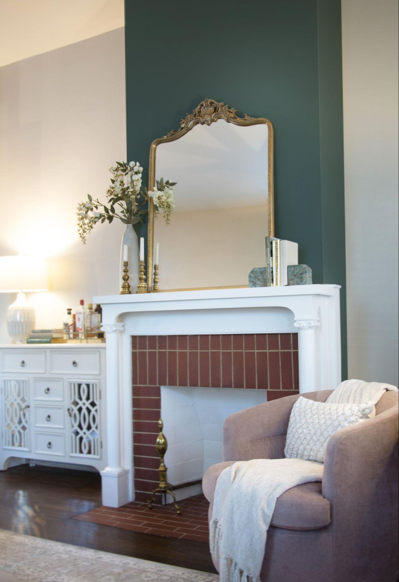 Mantel accent wall painted in Benjamin Moore Tarrytown Green with Regal Select Interior Paint