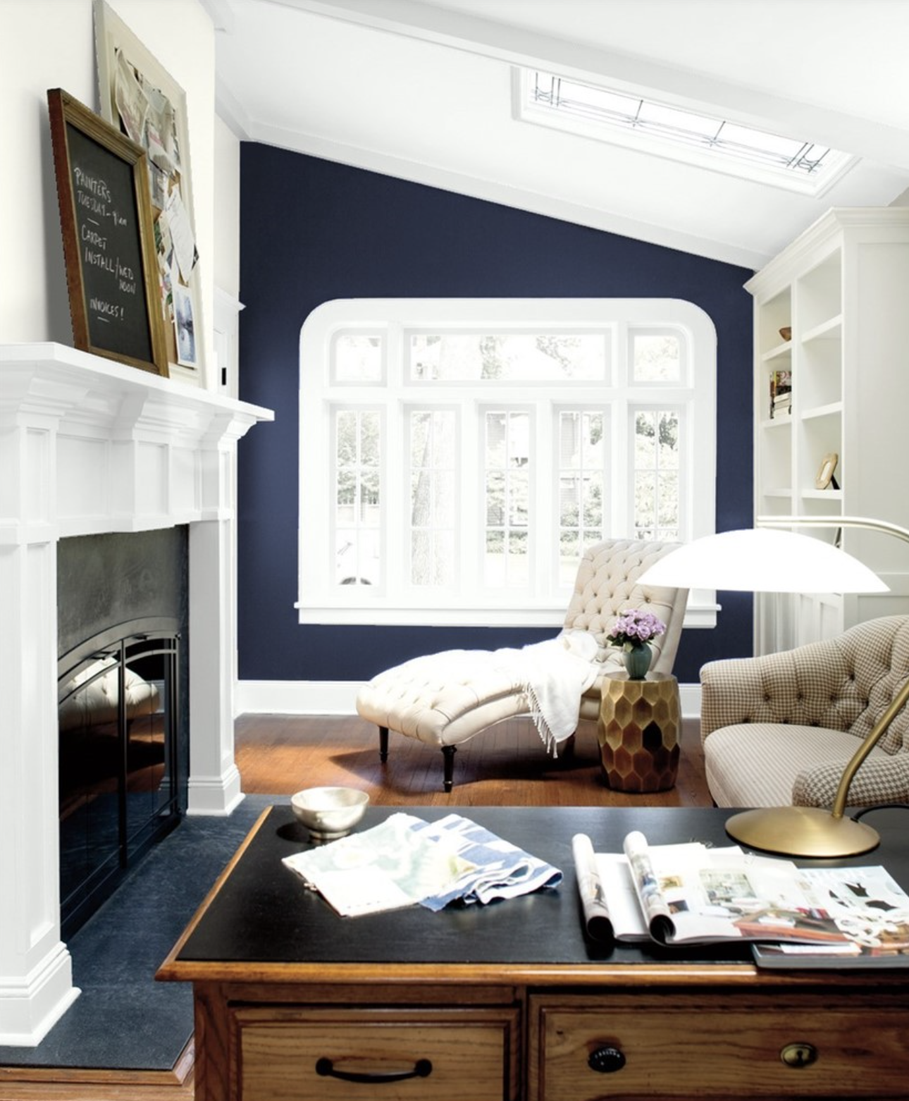 Traditional home office walls in Benjamin Moore 2063-10, fireplace wall in White Dove OC-17