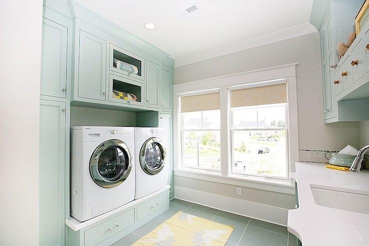 Benjamin Moore Palladian Blue HC-144 laundry room with gray walls and white trim and ceiling