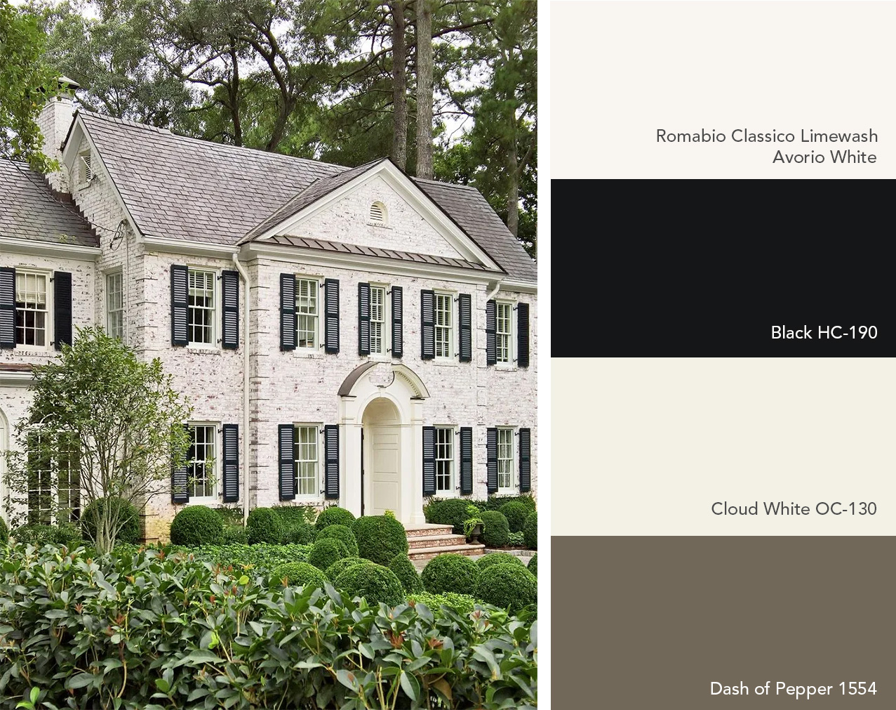 Traditional exterior color palette featuring Romabio Classico Limewash and Benjamin Moore colors