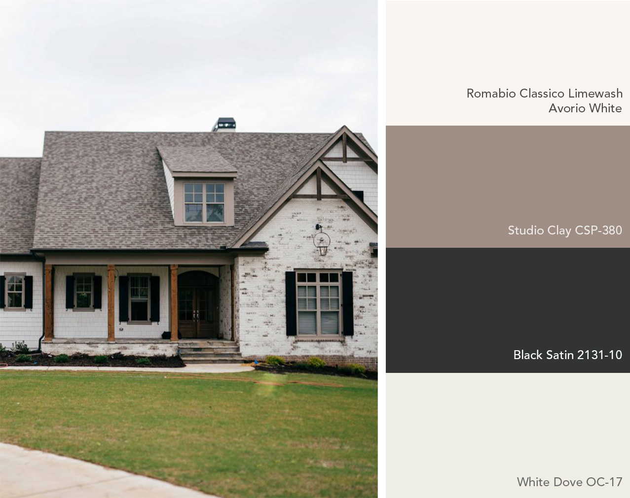 Neutral exterior color palette featuring Romabio Classico Limewash and Benjamin Moore colors