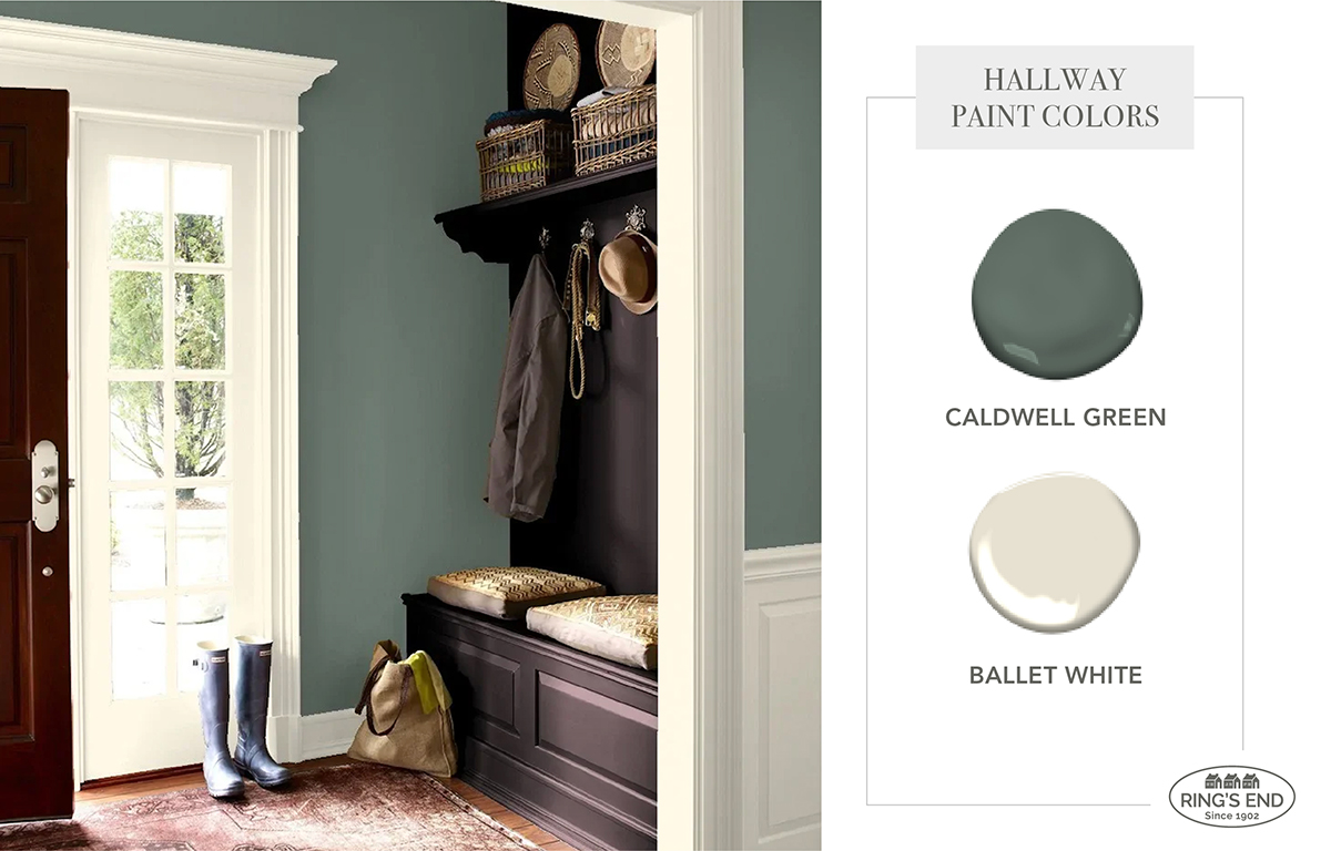 Entry walls painted in Benjamin Moore Caldwell Green HC-124, with trim in Ballet White OC-9