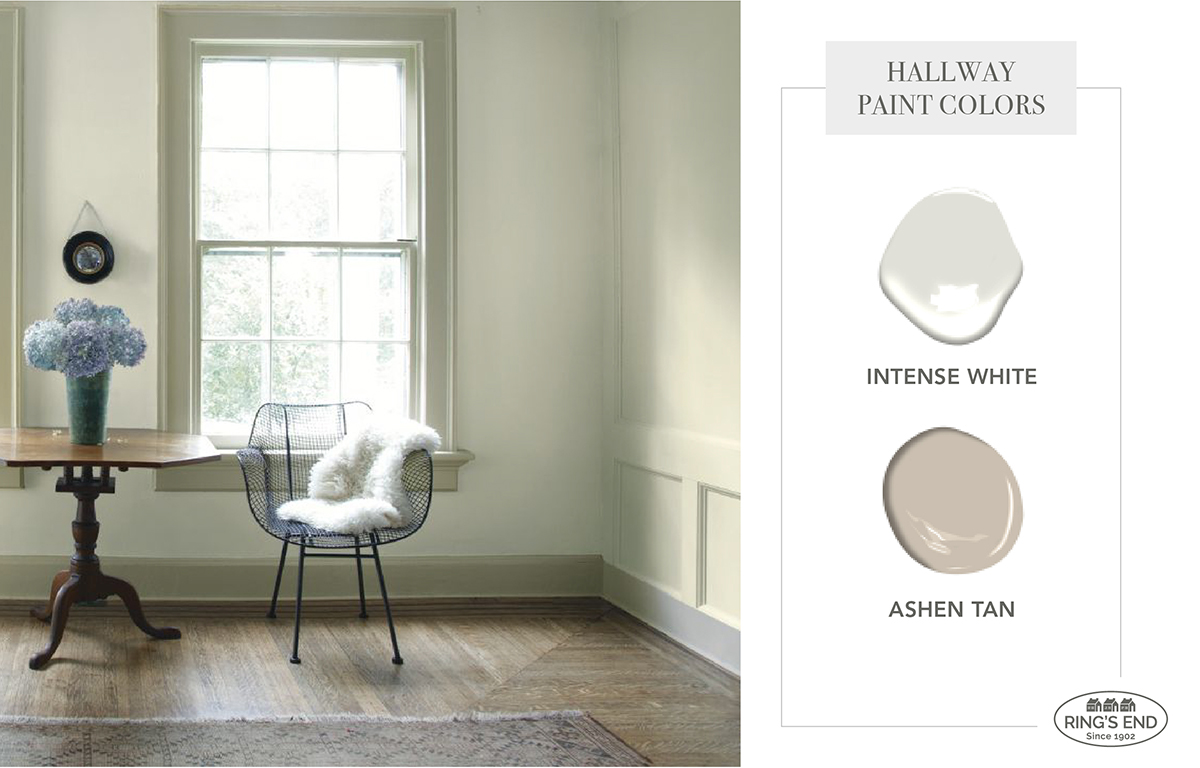 Entryway painted in Benjamin Moore Intense White OC-51 with trim in Benjamin Moore Ashen Tan 996