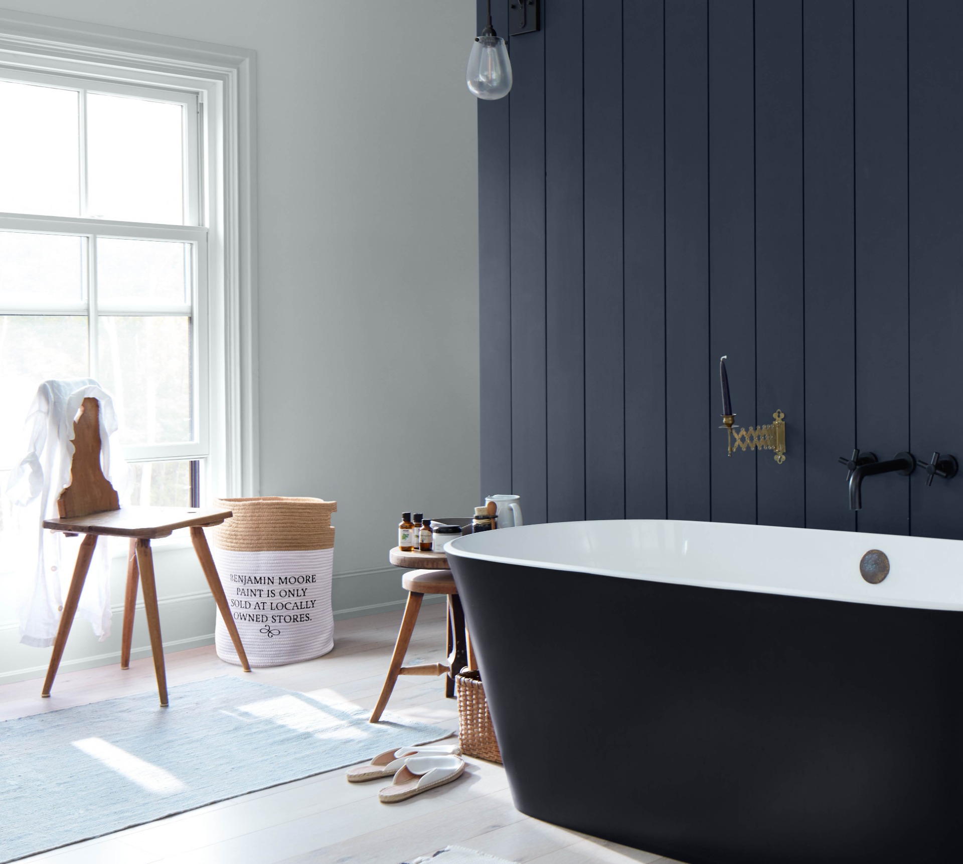 Bathroom accent wall painted in Benjamin Moore Evening Dove