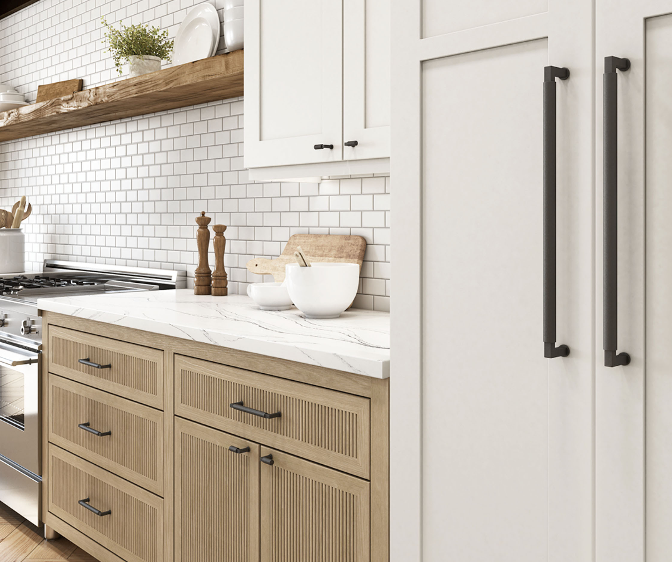 Kitchen with light oak cabinets, white tile backsplash, and black hardware with appliance pulls, drawer pulls, and knobs