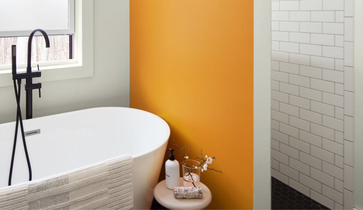 Bathroom accent wall painted in Benjamin Moore Golden Vista 308, Aura Bath and Spa, Matte