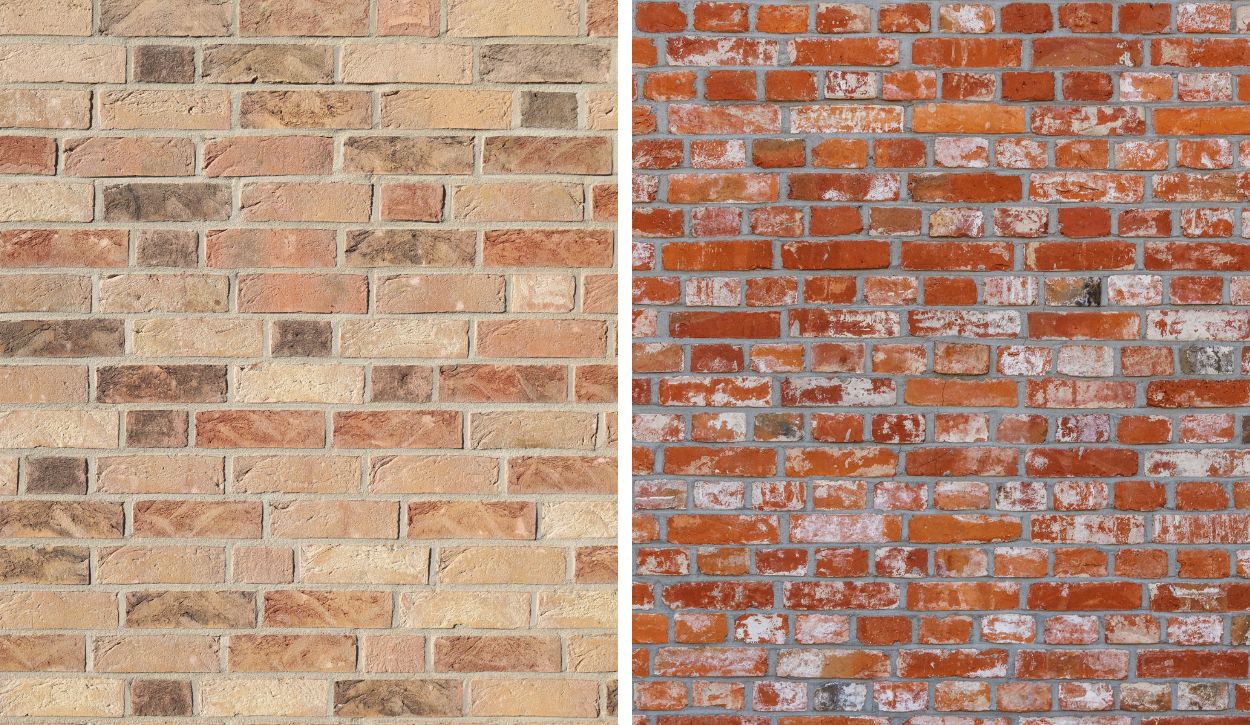 Samples of natural brick with multi-colored undertones