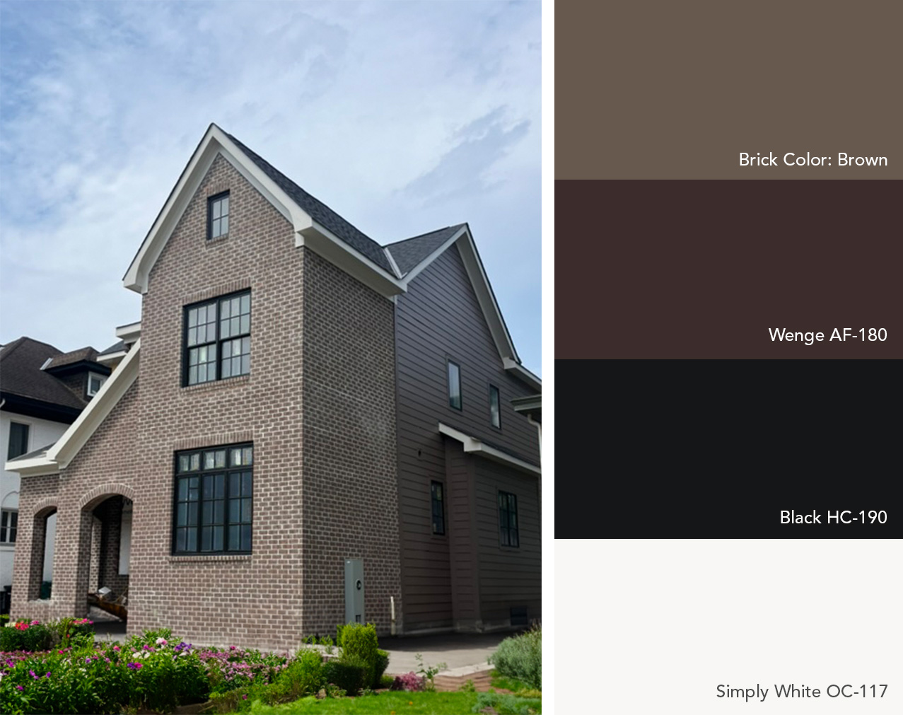 Exterior color palette featuring Benjamin Moore colors next to a brown brick house