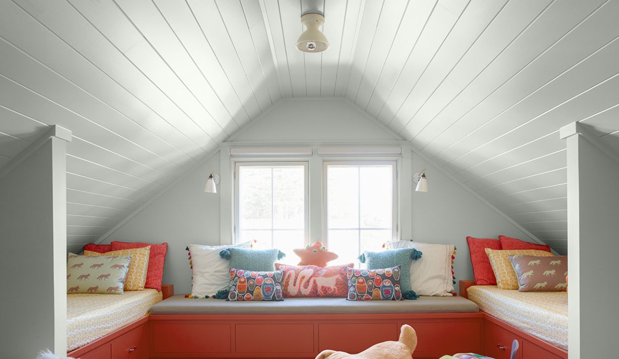 Playroom featuring ceiling painted with Benjamin Moore ADVANCE interior, Satin, in Paper White OC-55