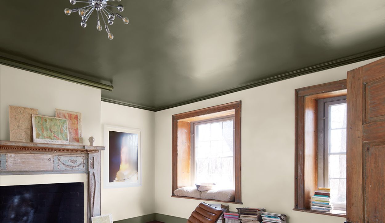 Living room ceiling painted with Benjamin Moore ben Interior, Semi-Gloss, in Gloucester Sage HC-100