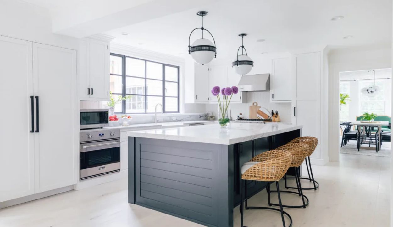 Kitchen in Benjamin Moore Chantilly Lace with island in Benjamin Moore Soot