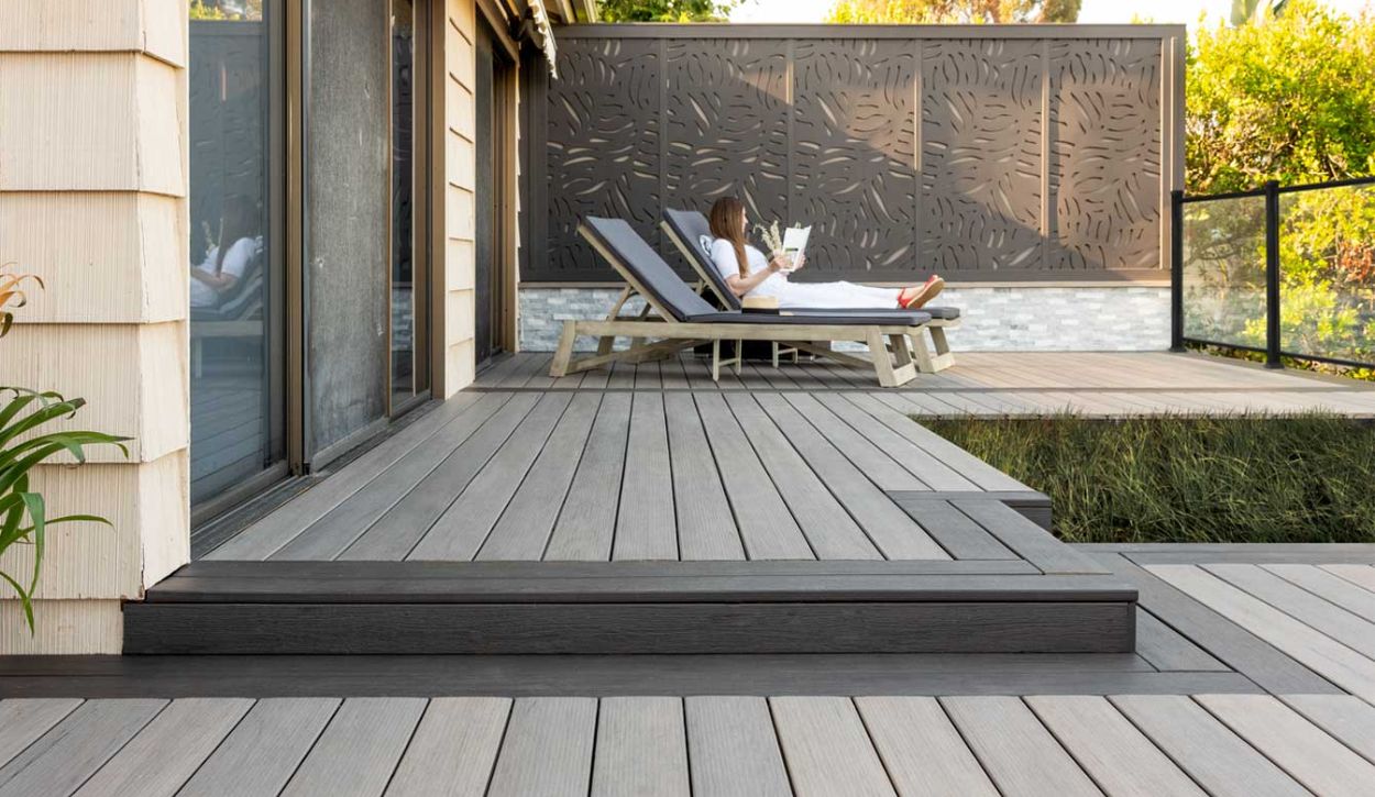 TimberTech Legacy Collection composite decking in Ashwood with accents of Espresso