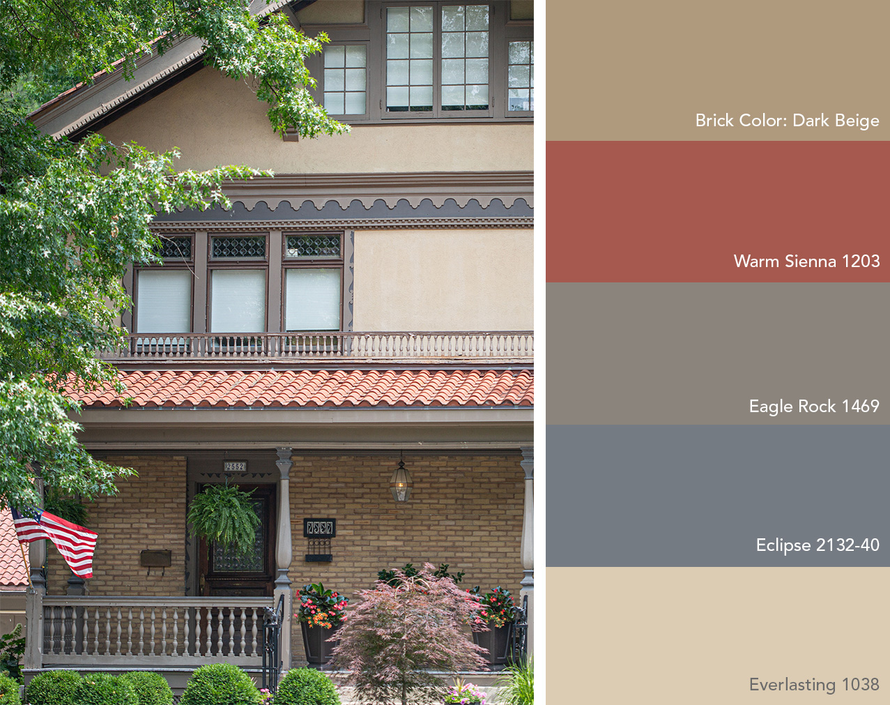 Exterior color palette featuring Benjamin Moore colors next to a house with dark beige brick and stucco