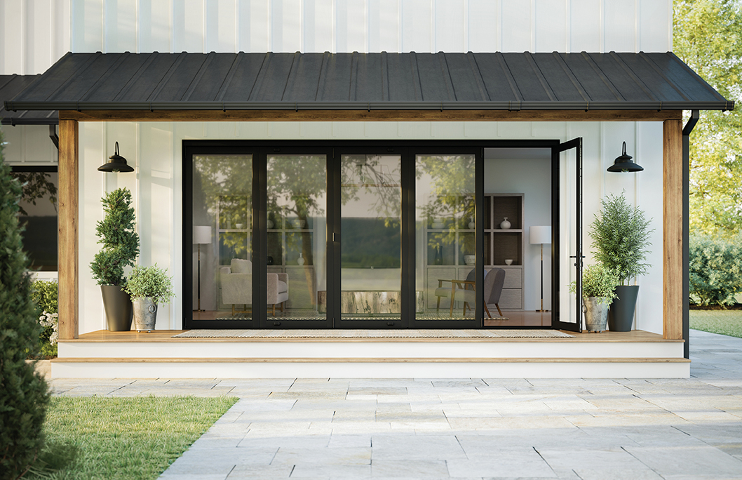 Marvin Exterior Elevate Bi-Fold Door with single swinging active access door panel