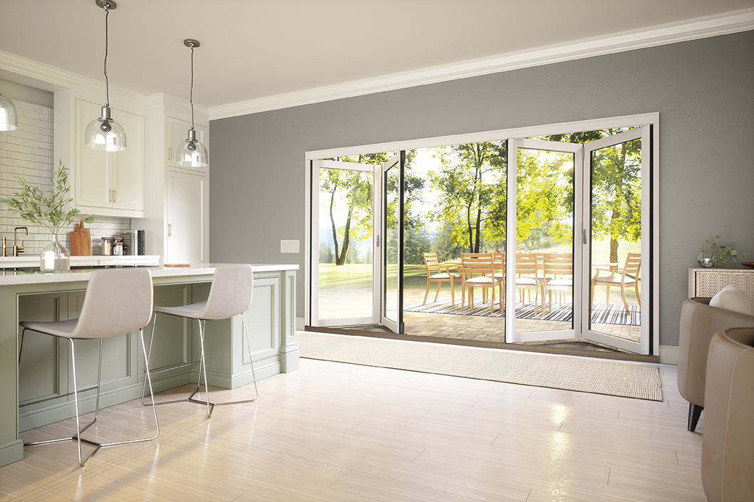 Kitchen featuring Marvin Elevate Bi-Fold Door, angled open