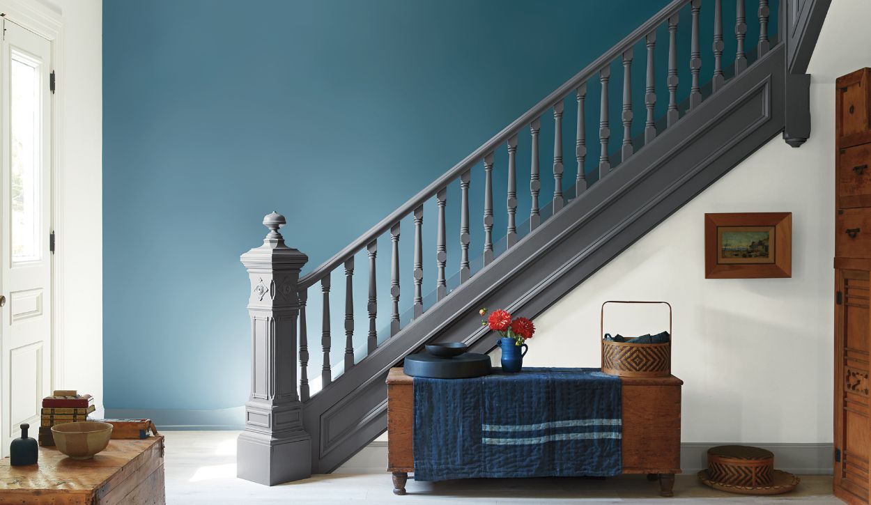 Staircase and railings painted in Benjamin Moore ADVANCE, Satin, Charcoal Slate HC-178