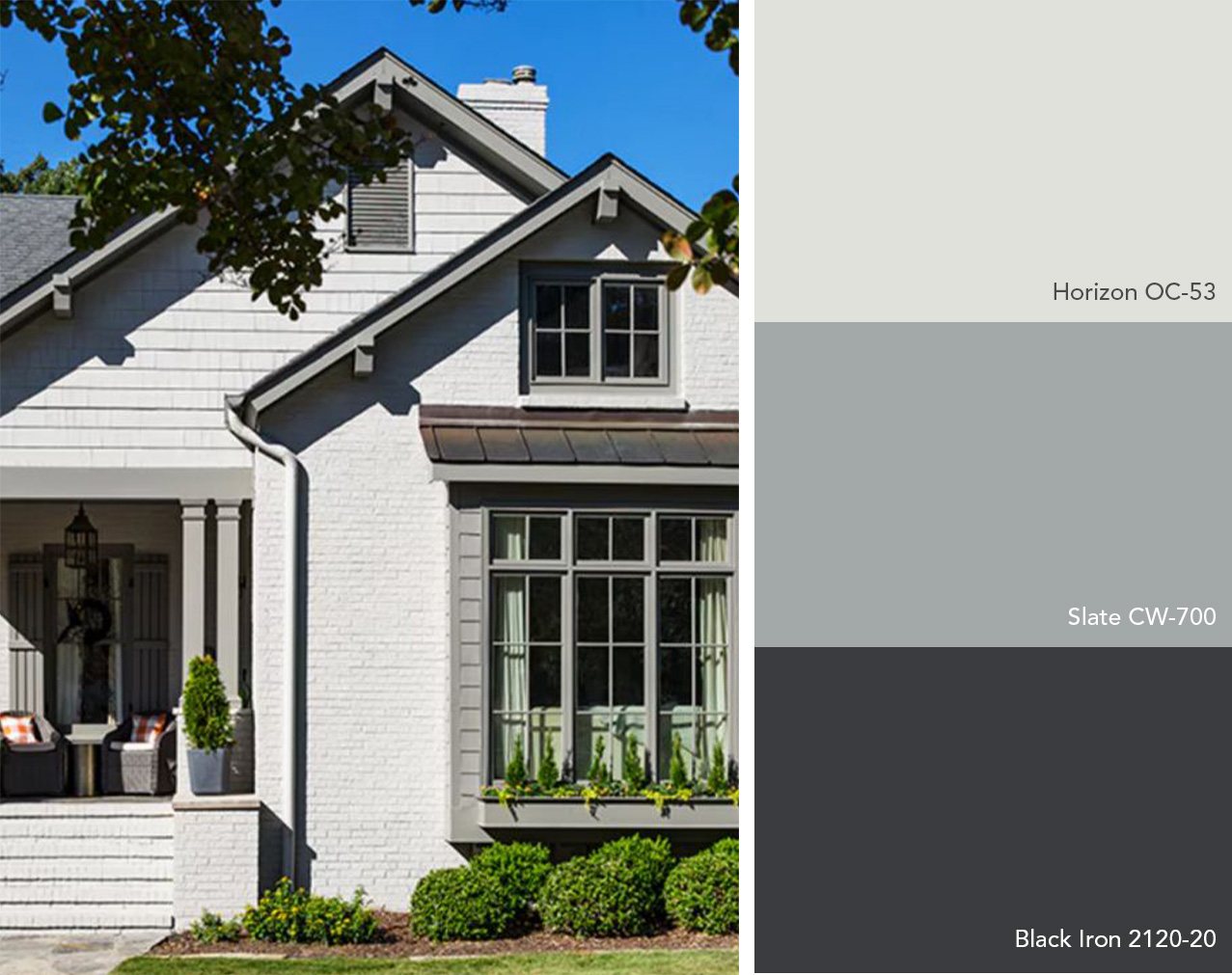 Exterior color palette featuring Benjamin Moore colors next to a gray brick house