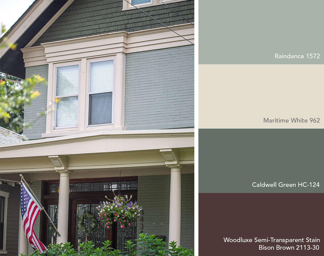 Exterior color palette featuring Benjamin Moore colors next to a painted green brick house