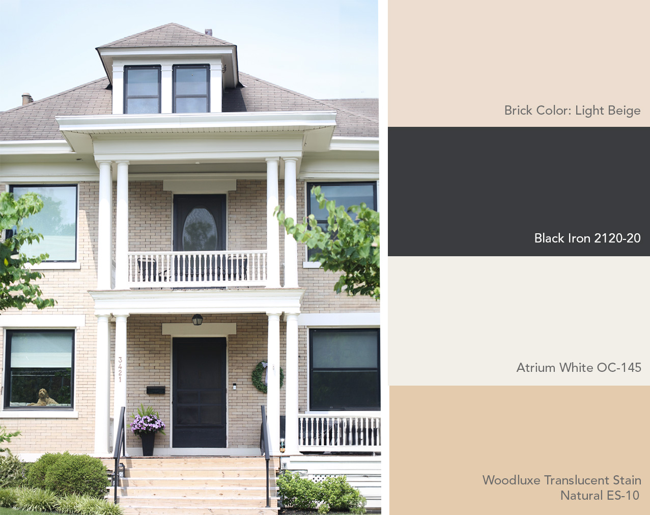 Exterior color palette featuring Benjamin Moore colors next to a light beige brick house